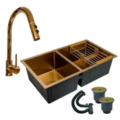 GRIFOS CENTER - Combo Lavaplatos Doble 77*45cm+griferia Lvp Oro Extraible+accesorios