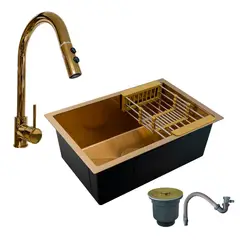 GRIFOS CENTER - Combo Lavaplatos 70*45cm+griferia Lvp Oro Extraible+accesorios