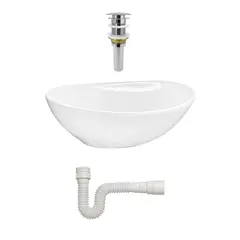 CCOL - Lavamanos Ovalado En Ceramica Blanco + Push Hongo + Sifon C045