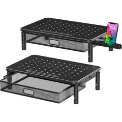 undefined - Juego De Dos Elevadores De Monitor Ajustables Con Cajón Y Soporte Para Teléfono