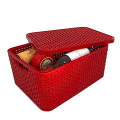 MAGICPLAST - Canasta Organizadora Plástica con Tapa Imitación Rattan 39x18x28 cm Rojo