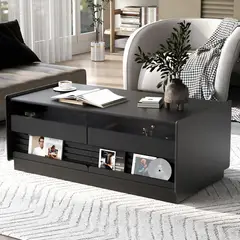 GENERICO - Mesa de Centro Moderna de Madera con Cajones y Estantes en Vidrio Templado
