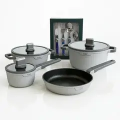 KW - Batería de Cocina Chelsea 7 Pz Aluminio Fundido (Sartén de 24cm. Perol de 16cm. Olla de 24 cm y Olla Baja de 24cm con sus Tapas) + Set Cubiertos 24 Pzs Montpellier Azul
