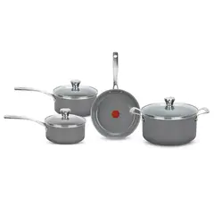 TEFAL - Juego de Ollas Batería de Cocina Antiadherente Gris Cerámica Vitality 7 Piezas Libre de PFOA con Termoseñal y Mangos en Acero Inoxidable, Apto para Todo Tipo de Estufas Incluidas las de Inducción