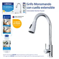 GRIVEN - Grifería Para Lavaplatos Monocontrol 2 Modos Pull Out Acabado Cromo Consumo 8.3 l/min
