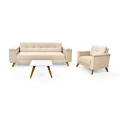 HOGAR VENECIA - Sala con Sofa Cama Moretto Poltrona Carter Tela Beige y Mesa de Centro Nova