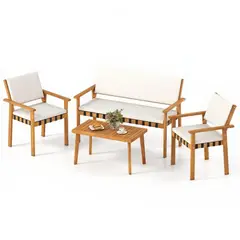 GENERICO - Juego de Sala Exterior Madera 4 Puestos Blanco Roto Sofá y Mesa