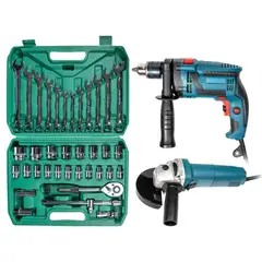 ENERGY PLUS - Combo Taladro 1/2 Pulgada 850W Pulidora 670W y Juego de Copas 37 Piezas Profesional