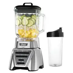 OSTER - Licuadora Xpert Series Osterccon control de textura, Vaso de vidrio 2 Litros + Vaso portatil Blend&Go, Color Platedo