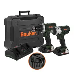 BAUKER - Combo Taladro Percutor 1/2 Pulgada + Atornillador de Impacto 1/4 Pulgada 18V