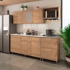 JUST HOME COLLECTION - Cocina Integral Milán 2.10 Metros 6 Puertas 5 Cajones Rovere - Arena Incluye Mesón Poceta Derecha Con Estufa 4 Puestos A Gas