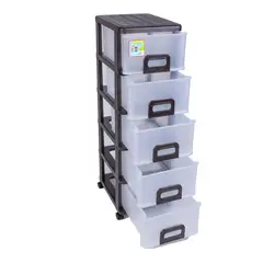 GENERICO - Cajonero Plástico 5 Gavetas Con Ruedas 33X110X43 cm Chocolate/Transparente Free Mold