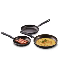 CASA BONITA - Set de 3 Sartenes en Aluminio de Alta Pureza 1.4mm de Espesor 18, 20 y 24 cm con 4 Capas Antiadherentes Negro, Libre de PFOA, con Acabado en Pintura Metalizada y Mango en Baquelita