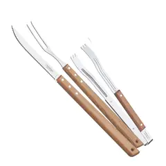 TRAMONTINA - Set Parrillero De 3 Piezas Cuchillo Largo + Trinche + Pinzas Acero Inoxidable Mango Madera