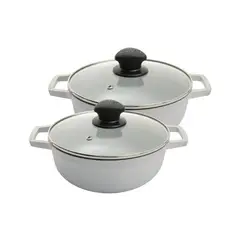 IMUSA - Set de 2 Calderos Antiadherentes en Aluminio Natural Libre de PFOA 22 y 24 cm 2.5 y 3.5 Litros con Tapa de Vidrio