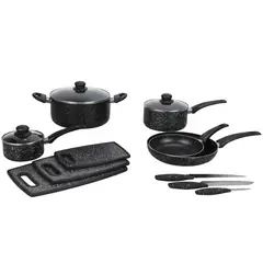 undefined - Batería de Cocina 8 Piezas Acero inoxidable Negra Antiadherente + Tabla x3 + Cuchillo x3 Unidades