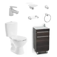 CORONA - Combo de Baño: Sanitario Manantial Pro + Mueble Aluvia + Grifería Nogal + Accesorios (Jabonera, percha, toallero argolla, portarrollo)