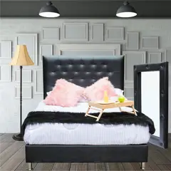 KAIU HOME - Combo Lujo Essencial Semidoble 120X190 Cuero Sintetico Negro (Basecama + Cabecero + Colchon Plus + Espéjo Tipo Capitoneado)