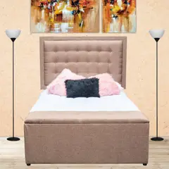 undefined - Combo Lujo Advance Pillow Semidoble 120x190cm Tela Café (Base Cama + Cabecero + Colchón Plus + Puff Baúl)