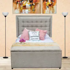 undefined - Combo Lujo Advance Pillow Semidoble 120x190cm Tela Beige (Base Cama + Cabecero + Colchón Plus + Puff Baúl)