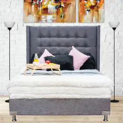 undefined - Combo Luxury Doble Pillow Doble 140x190cm Tela Gris (Base Cama + Cabecero + Colchón Primavera Doble Pillow)