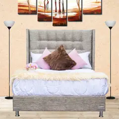 undefined - Combo Luxury Doble Pillow Doble 140x190cm Tela Café (Base Cama + Cabecero + Colchón Primavera Doble Pillow)