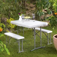 JUST HOME COLLECTION - Juego Mesa Ext Dos Bancos Plegables Polietileno Blanco
