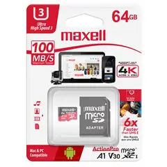 MAXELL - Tarjeta Micro SD 64 GB U3 Action Prouhs 3 Class 10