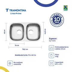 TRAMONTINA - Lavaplatos Doble 2C 34 BL Prime Isis en Acero Inoxidable 304 Cepillado 77 x 45 cm