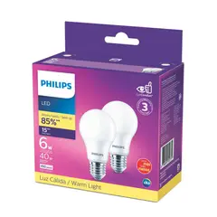 PHILIPS - Set de 2 Bombillo Led 6w 450 Lúmenes E27 Luz Cálida Certificado