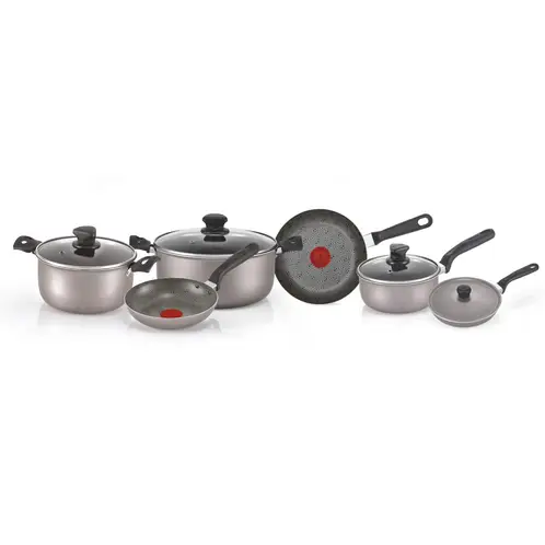 IMUSA - Juego de Ollas Batería de Cocina 10 Piezas Libre de PFOA Antiadherente Happy Talent Gris