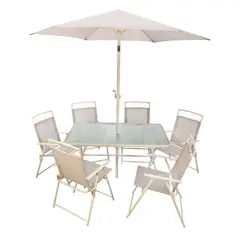 JUST HOME COLLECTION - Juego Comedor Exterior 6 Puestos Metal / Textil Con Parasol Taupe Santa Lucia