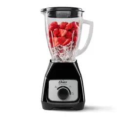 OSTER - Licuadora con Motor Duradero y Cuchillas que Trituran Hielo Oster, Vaso de Vidrio 1.5 Litros, Control de Perilla, Color Negro