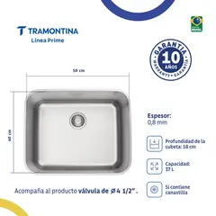 TRAMONTINA - Lavaplatos Rectangular 50 BL R6 Prime Dora en Acero Inoxidable 304 Satinado 50x40 cm