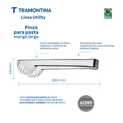 TRAMONTINA - Pinza Para Pasta Mango Largo Utility De Acero Inoxidable 28 Cm
