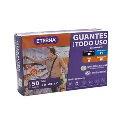 ETERNA - Guante Látex Corto Antibacterial Reutilizable Cal10 Talla L 50 Unidades Azul