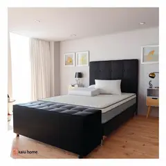 KAIU HOME - Combo Doble 140 Base Cama Negra + Colchón + Cabecero + Puff + Protector + 2 Almohadas