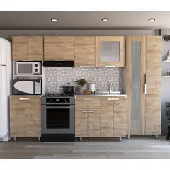 RTA DESIGN - Cocina Integral Samara 2.90 Metros Miel Incluye Mesón Liso Poceta Derecha En Acero Inoxidable