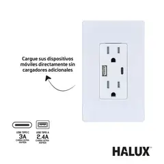 HALUX - Tomacorriente Doble P/T C/2 Ptos USB 2.4A Y Ptos USB T-C
