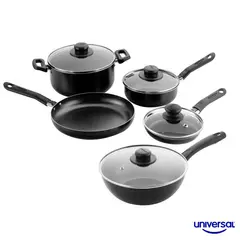 UNIVERSAL - Batería 7 Piezas Antiadherente + Wok 24cm con Tapa de Vidrio