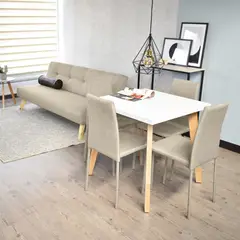 HOGAR VENECIA - Sofacama London + Comedor Lyon 4 Puestos Tela Beige
