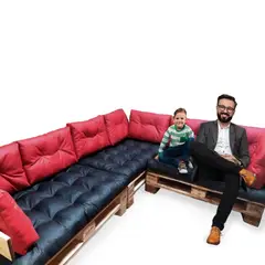ESTILO RELAX - Sofá Esquinero Palet 6 Puestos Cuero Sintético Negro Rojo