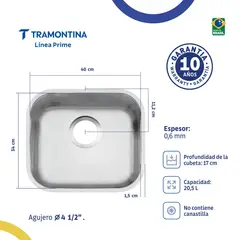 TRAMONTINA - Lavaplatos 40 BL Prime Lavínia en Acero Inoxidable 304 Satinado 40x34 cm