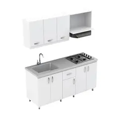 FIRPLAK - Cocina Integral Rh 180x60 Mesón Gris Niebla con Muebles Ambar Blanco y Cubierta