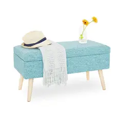 BANZAY - Puff Baúl Patas En Madera Natural Turquesa