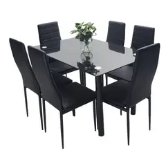 AKIVOY - Juego De Comedor 6 Puestos Vidrio Talavera Negro