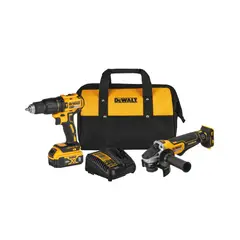 DEWALT - Combo Brushless 20V Máx Taladro Atornillador De Impacto 1/2 pulg + Esmeriladora Angular 4.5 pulg + Batería 5Ah + Cargador + Bolso De Lona