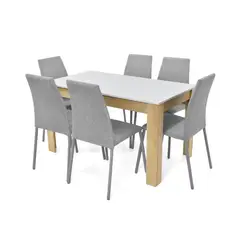 HOGAR VENECIA - Juego de comedor Voru Blanco/Natural 6 Puestos + Sillas Venecia Plata