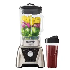 OSTER - Licuadora Xpert Series Oster, con control de textura, Vaso de vidrio 2 Litros + Vaso portatil Blend&Go, Color Plateado