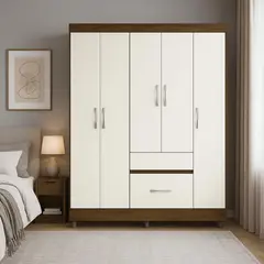 MUEBLES 2020 - Clóset en MDP Moderno Valent 6 Puertas 2 Cajones Marrón/Blanco apagado 181x153,3x40 cm